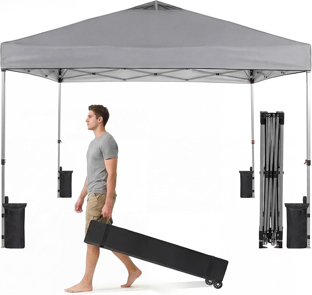 OLIXIS 10x10ft 1-Person Pop Up Canopy Tent, Heavy Duty One Push Setup Portable Outdoor Shelter for Beach Events Camping with Rolling Carry Bag, Dark Grey