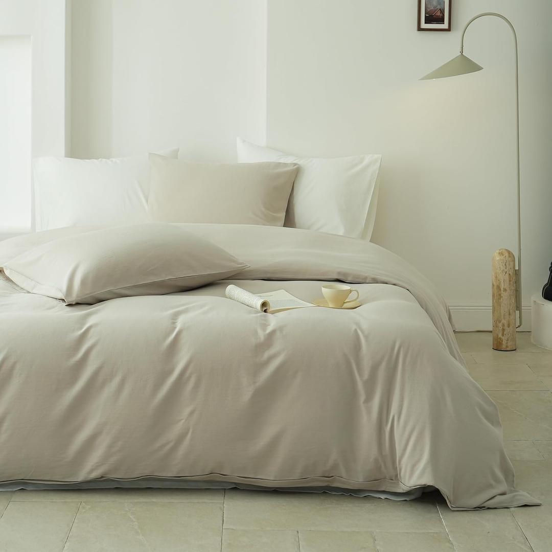 QKTE 100% Washed Cotton Duvet Cover Set 3pcs Linen Feel Twin Duvet Cover Breathable Durable Comfy Twill Bedding (Beige,68" x 86")