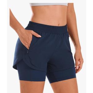 Stelle Women 2 in 1 Running Shorts High Waisted Athletic Shorts Gym Workout Shorts with Liner Zipper Pockets (L)