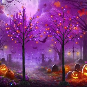 2Pack 5FT 200LED Black Halloween Tree with Lights, Timer Function with Higher Size Black Tree with Purple and Orange Lights, Spooky Light up Trees for Indoor Outdoor Party Garden Halloween Decorations