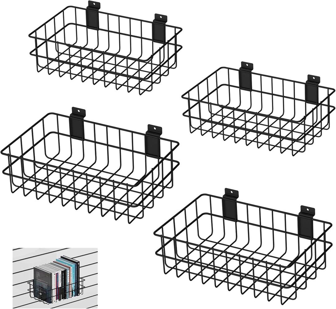 4 Pack Slatwall Baskets Set, Heavy Duty Slatwall Baskets, Metal Slat Wall Shelves Accessories, 2 PCs 13 x 8 x 4 Inch, 2 PCs 12.4 x 6.5 x 4 Inch, Black