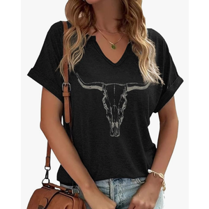 Boho Cow Skull Shirt Women Cowgirl t Shirt Vintage Western Rodeo Graphic Tee Short Sleeve Bull Skull Casual Top, M