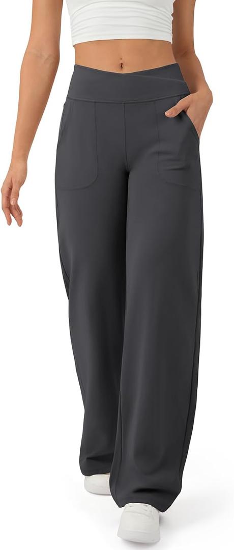 Wide Leg Pants for Women Loose Yoga Pants with Pockets Petite/Regular/Tall Stretch Casual Lounge Pants (Black, XS)