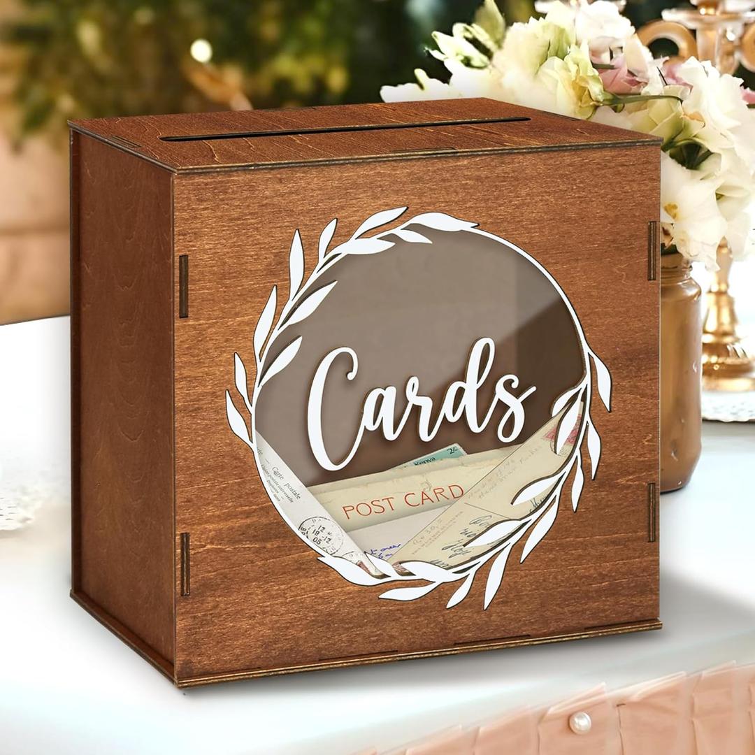 Wooden Card Box For Wedding - Rustic Marriage Card Boxes For Reception, Wedding Box For Cards And Money, Wood Gift Cards Box Holder For Graduation, Funeral, Envelope Box For Party