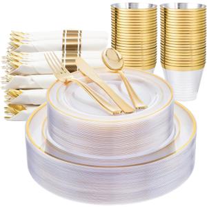 WELLIFE 350PCS Clear-Gold Plastic Plates - 100 Disposable Plates, 150Plastic Silverware, 50 Cups, 50 Napkins for Wedding & Party