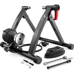 Sportneer Bike Trainer - Magnetic Stationary Bike Stand for 26-28" & 700C Wheels - Adjustable 6 Level Resistance Bike Trainer Stand for Indoor Riding with Quick Release Lever & Front Wheel Riser Block (Black with Thru Axle Adapter)