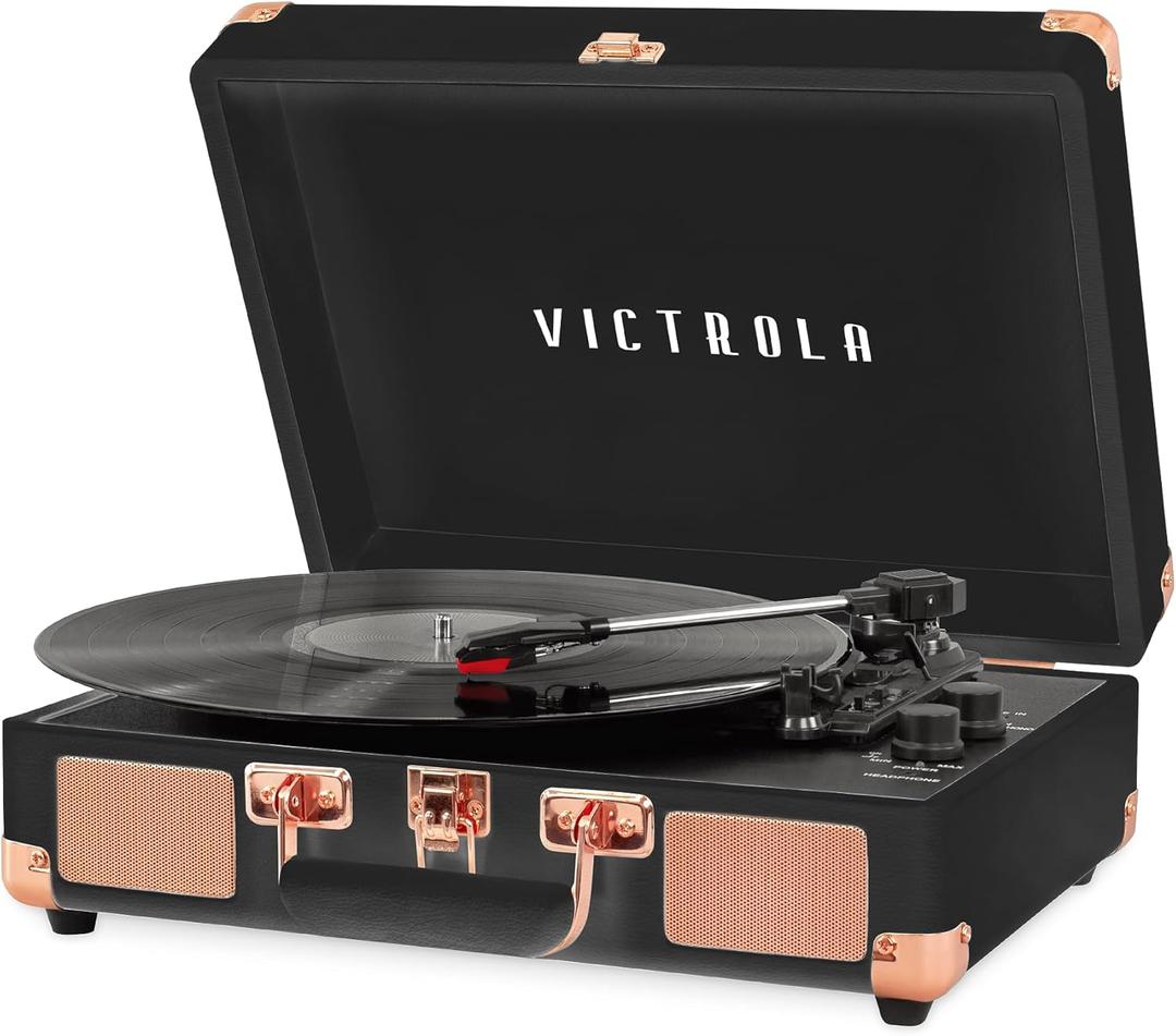 Victrola Journey Bluetooth Portable Suitcase Record Player  with Built-in Speakers, 3 Speed Vinyl Record Player, RCA Out, Headphone Jack (Black Rose Gold)