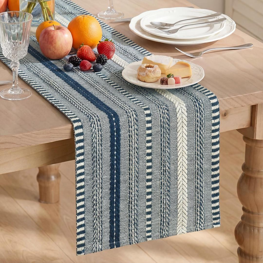 Artoid Mode Dark Blue Farmhouse Woven Table Runner, Seasonal Holiday Rustic Kitchen Dining Table Decoration for Home Party Decor 12x60 Inch