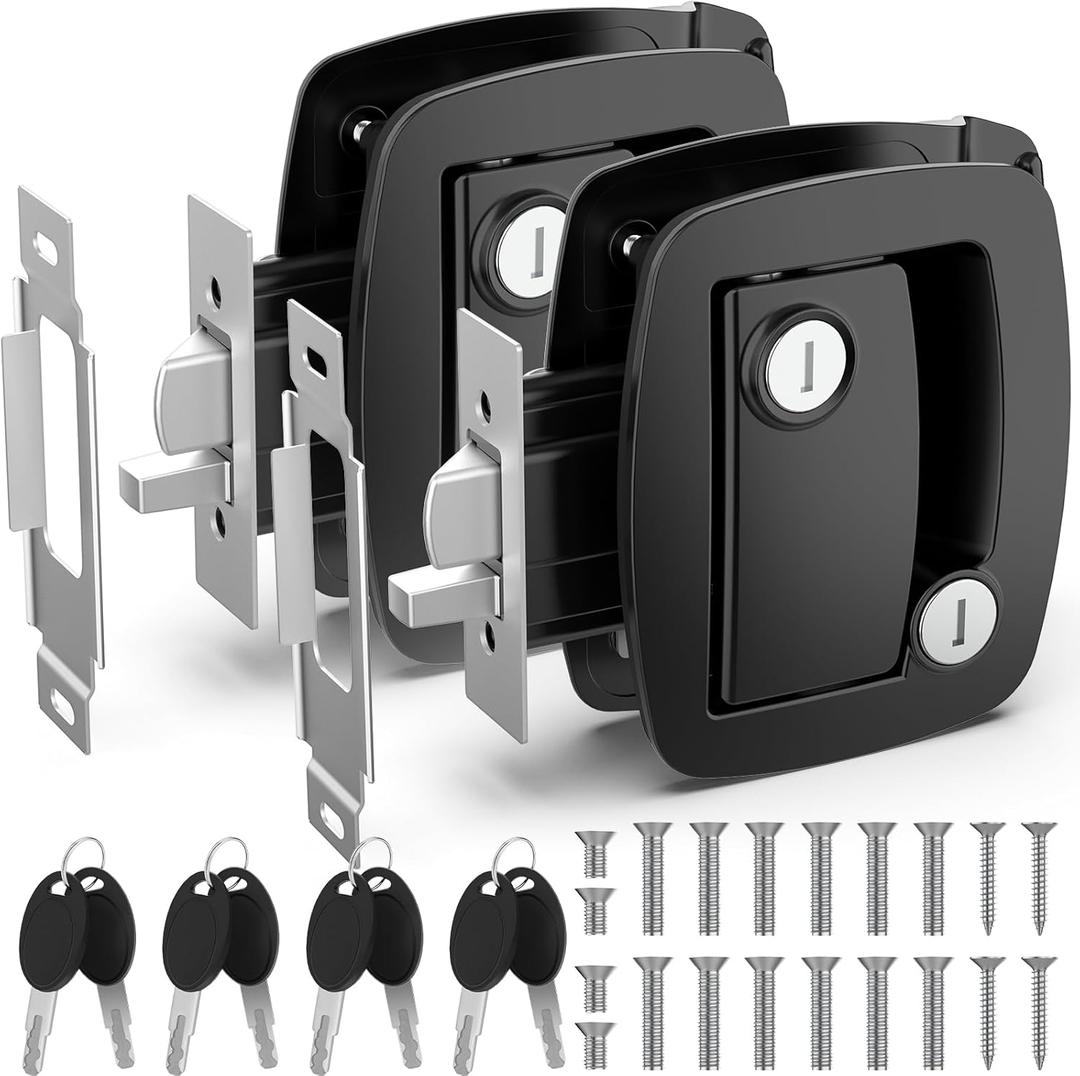 BEBOBLY RV Door Lock Replacement, Aluminum Alloy Lighter RV Door Latch with Paddle Deadbolt & 4 Keys, 100% Metal Camper Door Locks, RV Entry Door Lock for Travel Trailers Cargo Hauler, Black, 2 Packs