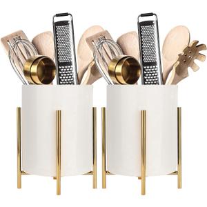 Utensil Organizer for kitchen, Knives and Forks with Shiny metal frame Tray for Farmhouse Kitchen Decor and Countertop(6.3 * 4.33inch) (XL, Gold white)