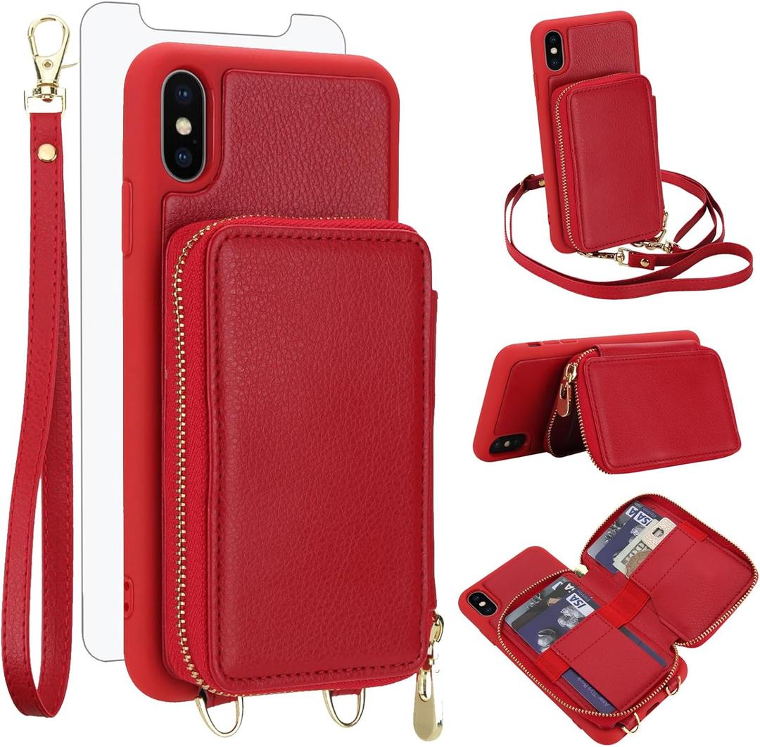Phone Case for iPhone Xs X 10 10s Wallet Cell Cover with Tempered Glass Screen Protector Crossbody Strap Lanyard RFID Blocking Card Holder iPhoneX iPhoneXs iPhone10 i PhoneX SX 10x 10xs Xs Women Red