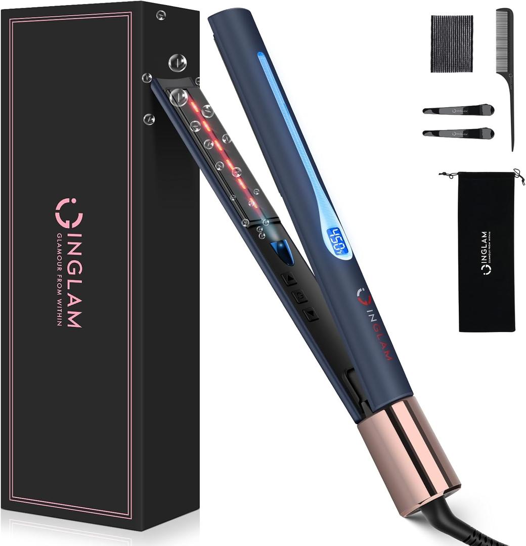 IG INGLAM Titanium Flat Iron Hair Straightener, 1 Inch Curling Iron, Infrared Negative Ionic Hair Straightener 11 Adjust Temp 250F-450F, Shiny Hair Dual Voltage 110-240V, Gift, Prussian Blue