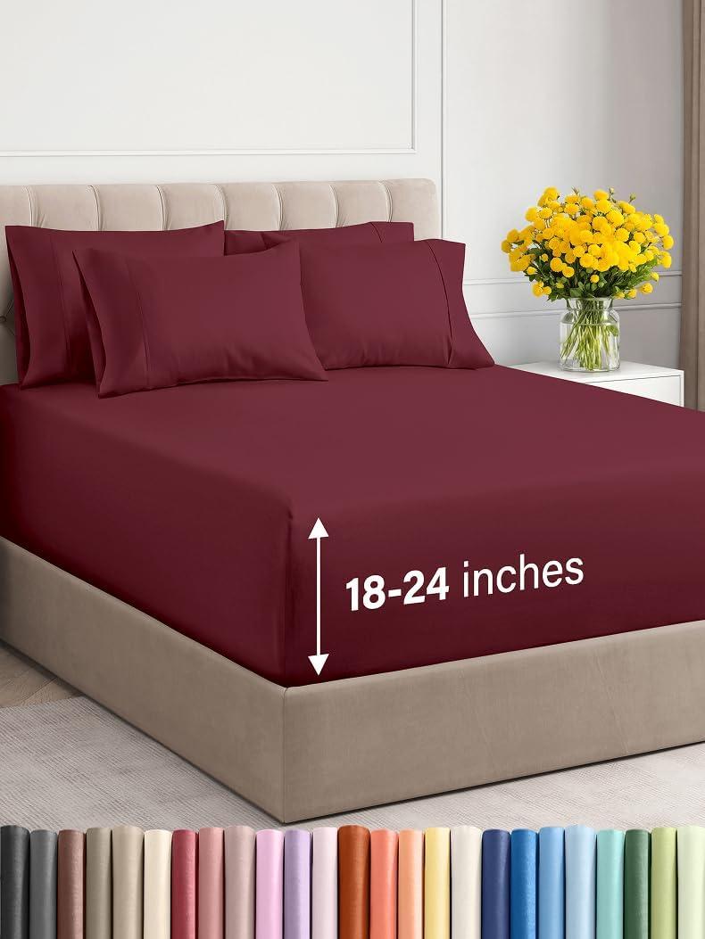 Extra Deep Cal King Sheet Set - 6 Piece Breathable and Cooling Sheets - Hotel Luxury Bed Sheets Set - Easy Fit - Soft, Wrinkle Free and Comfy Sheets Set - Burgundy Sheet Set with Extra Deep Pockets