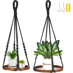 2 Pack Macrame Plant Hanger | Plant Hanger Indoor, Hanging Planter Shelf | Hanging Planter (Black) (1 Large + 1 Medium)