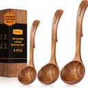 Wooden Ladle for Soup, 3 Size Teak Wood Ladle Spoon with Back Hooks, Heat Resistant Wooden Spoons for Cooking, Non-Stick, Comfortable Grip, Wood Kitchen Utensils Set for Serving, Stirring