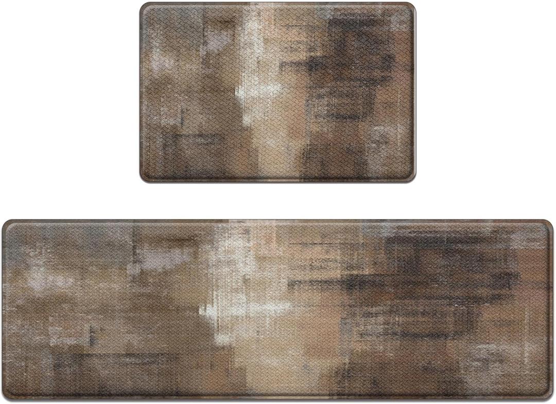 Anti-Fatigue Brown Grey Kitchen Rug Set of 2 Cushioned Abstract Rug for Floor, Art Standing Mat Waterproof Non-Slip Mat PVC Ergonomic Comfort Foam Kitchen Decor (17.3 x 47 in + 17.3 x 29 in)
