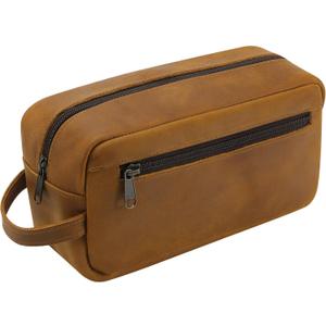 Ringsun Genuine Leather Toiletry Bag, Hanging Makeup Bag with Large Capacity for Women Men, Handcrafted Vintage Travel Toiletry Bag for Accessories, Shampoo, Full-size Container, Toiletries