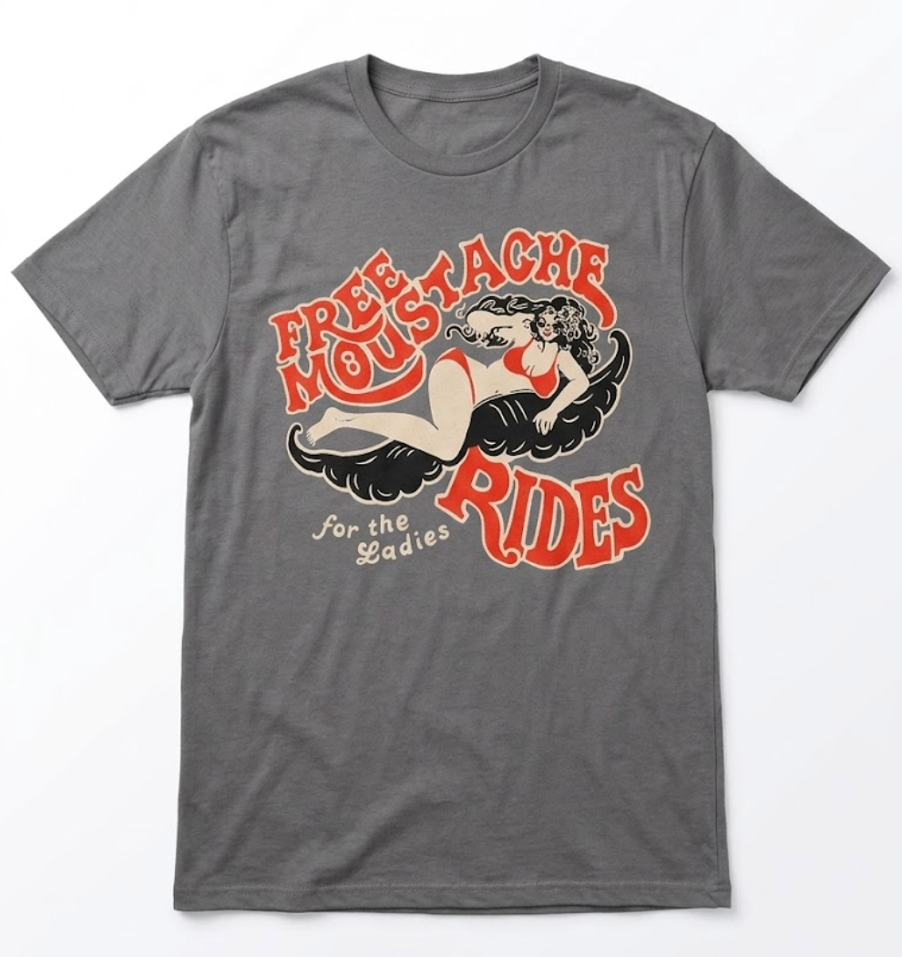 Funny Free Mustache Rides T-Shirt Size L-XL Gray