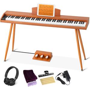 Digital Piano Keyboard 88 Key Semi-Weighted for Beginners, Full Size Electric Piano with Stand, Triple Pedal, Adapter, Sheet Music Stand, Headphone, USB-MIDI Compatible, Wood Brown