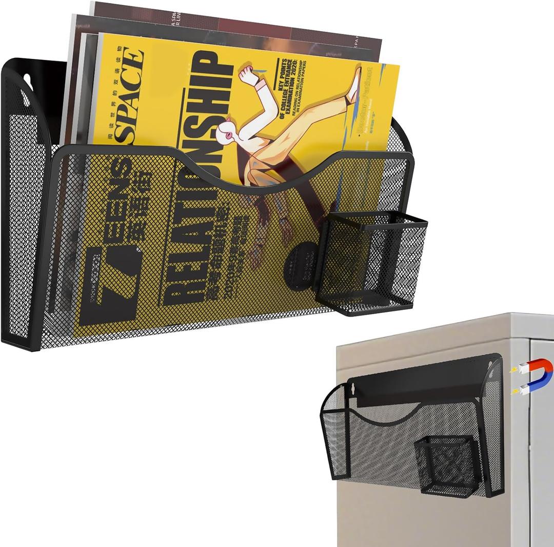 Magnetic File Holder 1 Pockets File Folder Organizer with Pen Holder, Office Hanging Magazine Rack for File Cabinets, Magnetic Paper Holder, No Drilling Mail Organizer for Refrigerator, Office (Black)