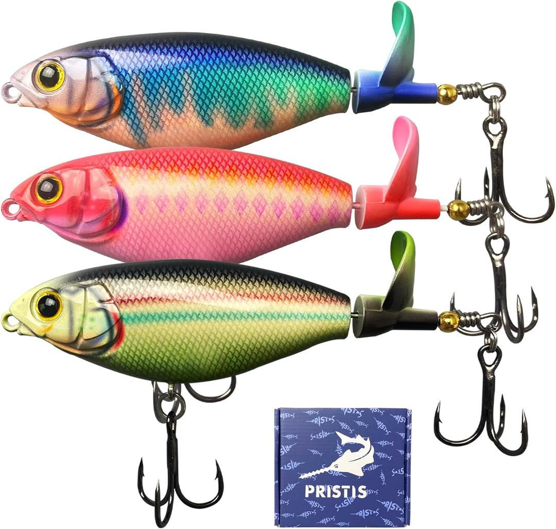 Pristis 3 pcs Topwater Fishing Plopper Lures, Floating Popper Bait Set with Chemically Sharpened Hooks for Saltwater Freshwater, Top Water Plopping Swimbait Teaser for Bass Tuna Perch Pike Crappie (Single-blade Color Set)