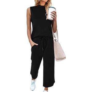 CHICZONE Two Piece Summer Sets for Women Casual Travel Vacation Outfits Wide Leg Crop Pants Lounge Sets (Black, L)