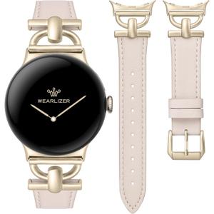 Wearlizer Leather Bands Compatible with Google Pixel Watch 4/3 41mm/Pixel Watch 2/1 Band Women, Dressy Designer Slim Leather Strap with D-Shape Metal Buckle for Pixel Smartwatch Accessories (Starlight/Champagne Gold)
