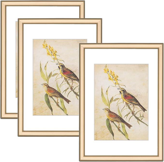 3.5x5 Picture Frame Set of 3, Matte Brass Modern Thin Aluminum Metal Photo Frame with HD Glass, Fits 2.5x3.5 with Mat or 3.5 x 5 without Mat, for Tabletop and Wall Mounting