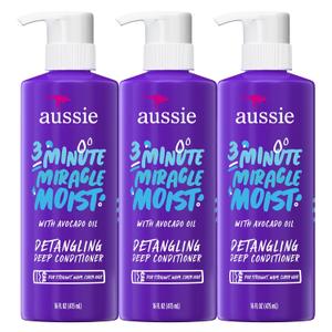 Aussie 3 Minute Miracle Moist Deep Conditioner for Dry Hair, Avocado & Jojoba Oil, Safe for Color Treated Hair, Nourishing Hydration, Silky Shine, Paraben-Free, 16 Fl Oz Each, 2 Pack
