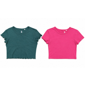 Me to We Essentials Crop Tops for Women Girls, Set of 2, (Plain Pink Size M) (Textured Green Size S)
