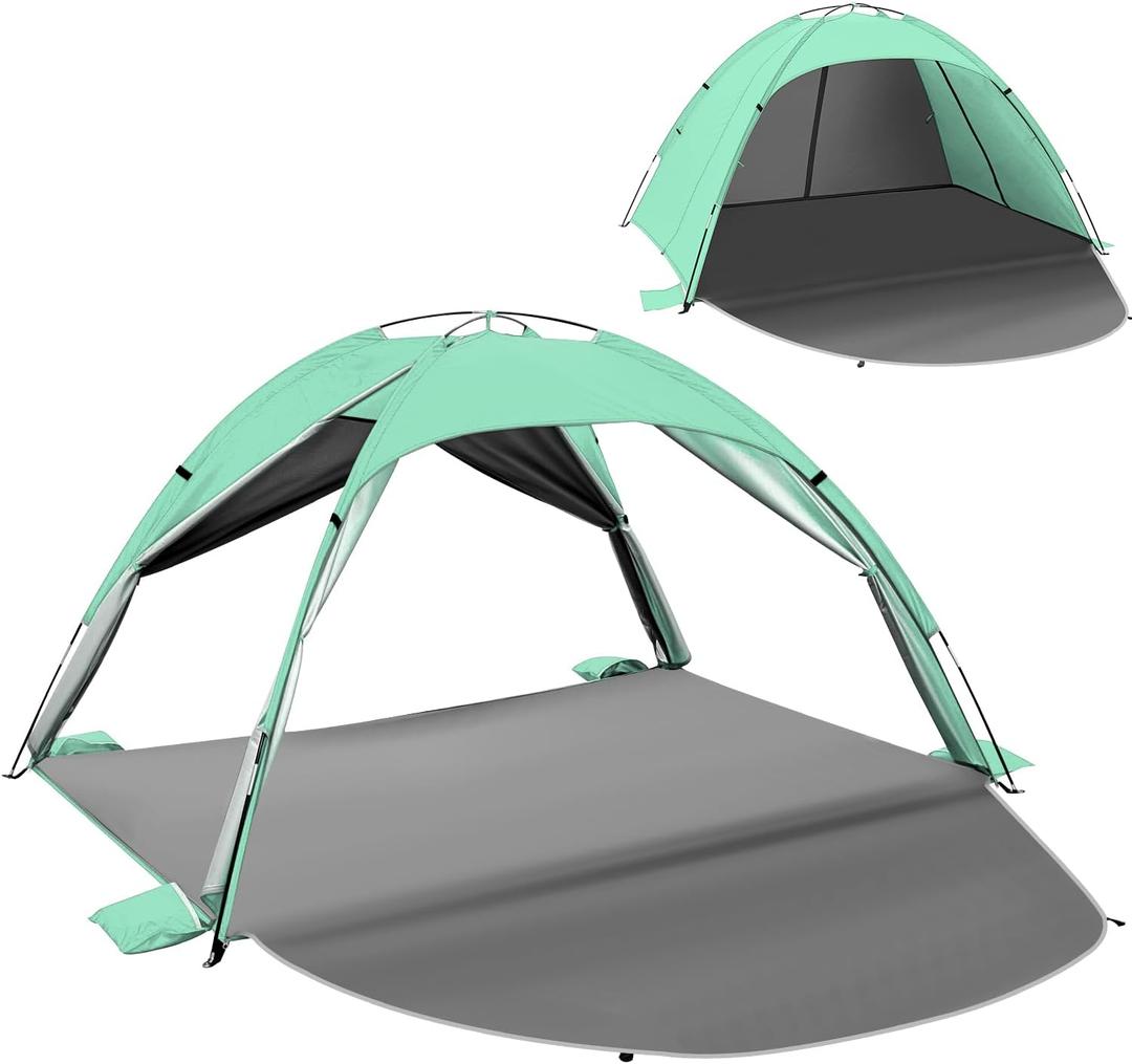 Beach Tent Sun Shelter for 34 People, UPF 50+ Beach Tent with Breathable 4-Door Design, 8.0mm Fiberglass Poles, Portable Sun Shade Canopy for Camping & Outdoor  Green