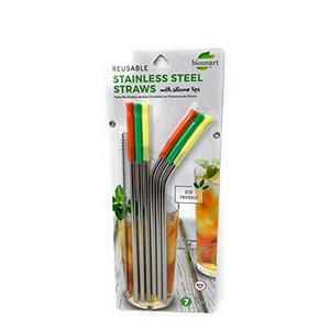 BIOSMART Reusable Stainless Steel Straw Set w/ Silicone Tips & 1 Cleaning Brush