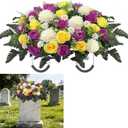 Wocst Headstone Flower Saddle,Large Artificial Cemetery Flowers for Grave Roses & Chrysanthemums Cemetery Memorial Flowers for Outdoor Grave Decorations (Purple)