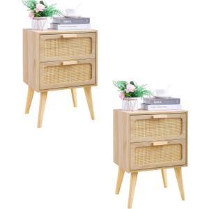 Rattan Nightstand Set of 2,Side Table with Hand Made Rattan Decorated Drawers,Boho Bedside Table,Wood Accent Table with Storage for Small Space,Livingroom, Bedroom, Natural CTG59Y-2 (Rattan - Natural)
