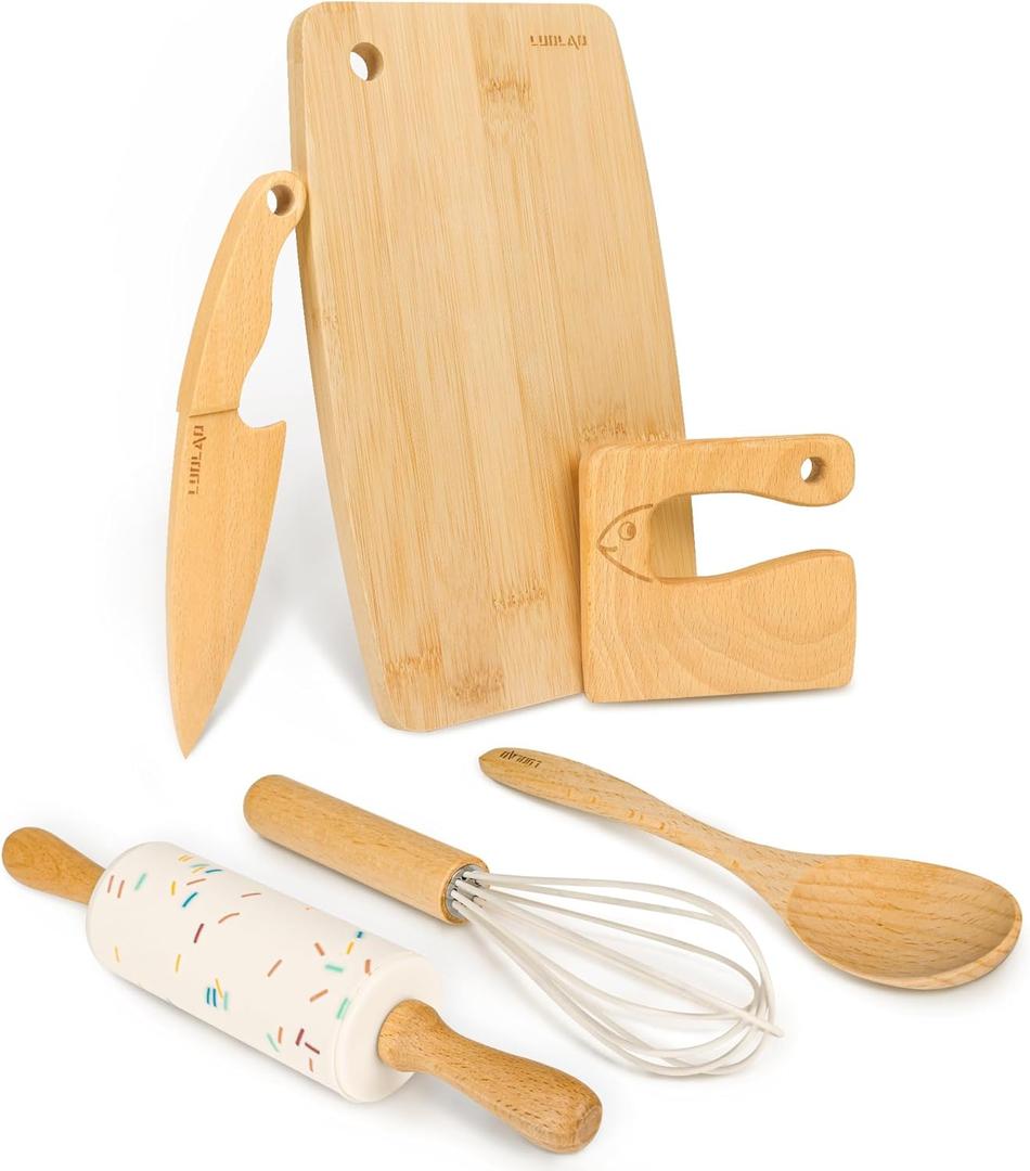 Wooden Kids Safe Knife and Kids Baking Set for Real Cooking, 6 PCS Toddler Montessori Kitchen Tools, Cooking and Baking for Little Chefs