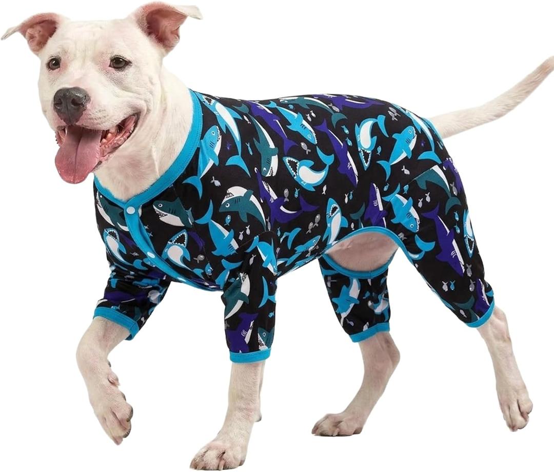 LovinPet Large Dog Shirt - Pet Anxiety Relief, Anti-Shedding Dog Pajamas, Lightweight Stretchy Fabric, Whale Hello There White Print, Large Pitbull Pajamas, Pitbull Clothes All Season/XL (Blue)