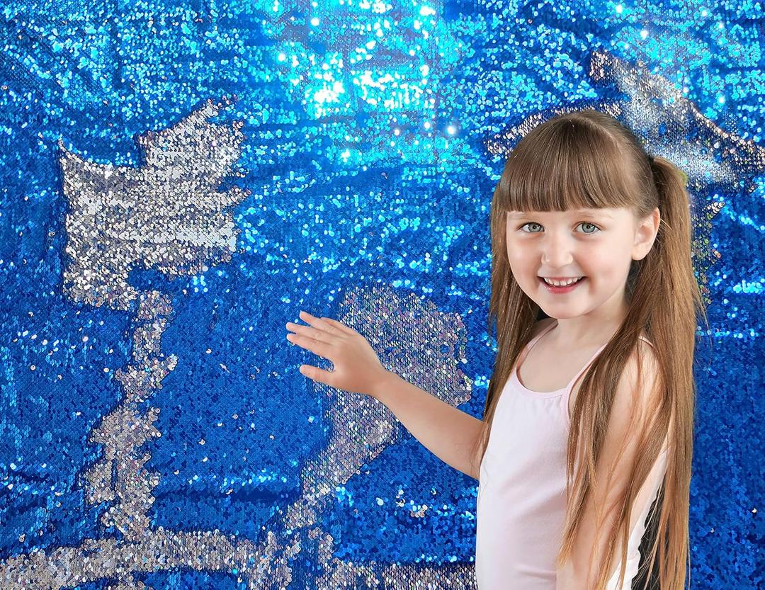 Sensory Wall Sequin Flip Fabric for Kids,0.2" Large Sequins Sensory Fidget Toys for Toddlers,Calming Corner Tactile Items Reversible Fabric (Half yd (18"*49"), Sapphire Blue + Silver)