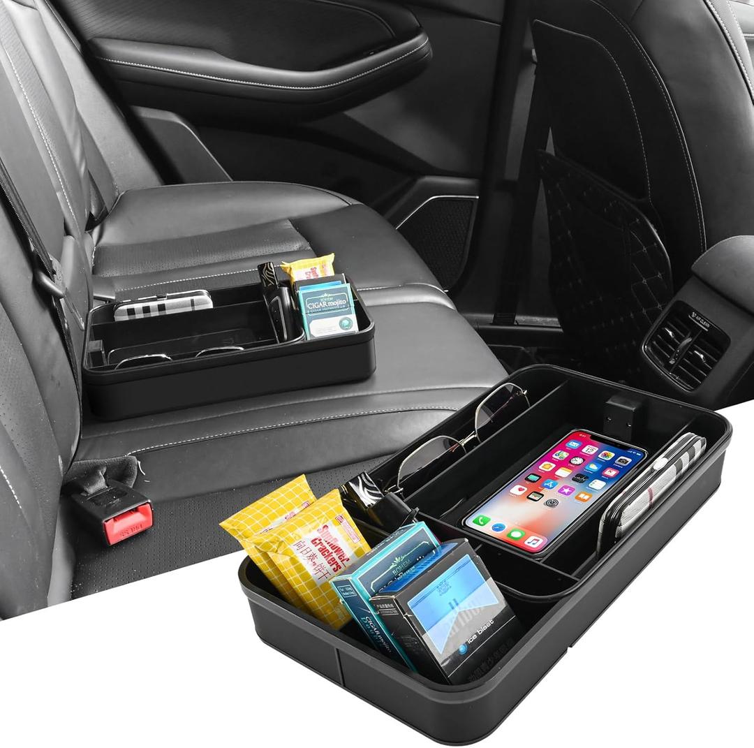 Keketuohai Car Armrest Extra Storage Box,Center Console Organizer,Dash Mount Phone Holder,Auto Rear Middle Seat Tray, Car Small Caddy for Key,Sunglass,Wallets (Black)