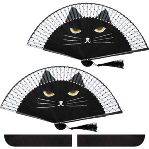 2 Pieces Cartoon Cat Hand Fans Folding Hand Held Fan Women Black Cat Silk Foldable Fan with Store Bag for Wedding Dancing Party Church Gifts Home Decoration(4)