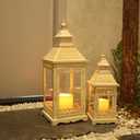 NEEDOMO Lanterns Decorative Outdoor & Indoor, Set of 2 Outdoor Lanterns for Porch,Large Square Candle Lantern, Beige Metal Frame with Glass for Fall, Christmas