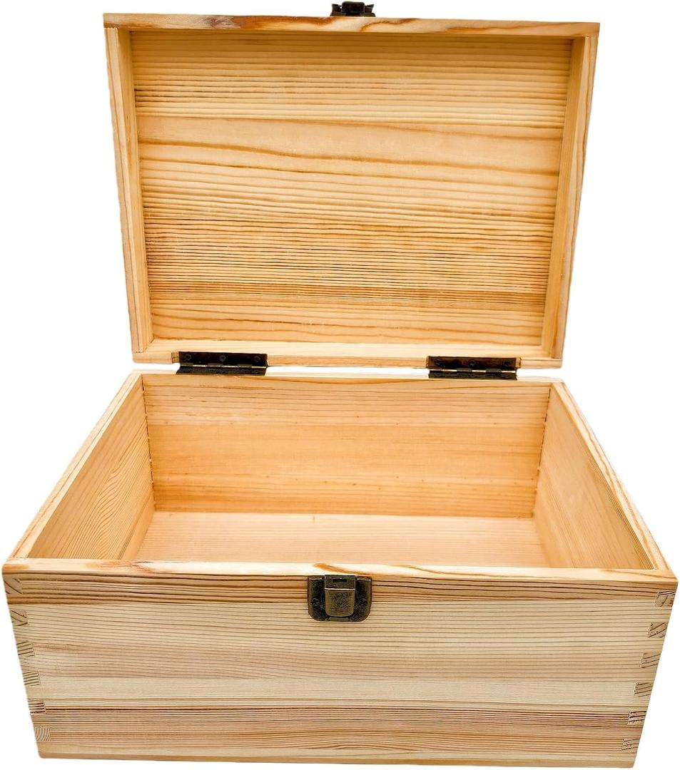 Unfinished Natural Pine Wood Storage Box with Hinged Lid, Wooden Craft Container for Jewelry, Gifts, Art Supplies, Hobby Organization (10.6 x 7.87 x 5.12in)