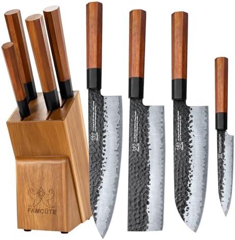 FAMCüTE Japanese Knife Block Set, Hand Forged 5-Layer 9CR18MOV Clad Steel Ultra Sharp Kitchen Knives with Wooden Storage & Rosewood Handle, Includes Chef, Santoku, Nakiri, Fruit Knife for Home Mom/Dad