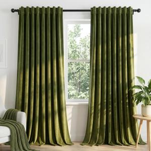 Olive Green Velvet Blackout Curtains Back Tab 52x84, 2 Panels
