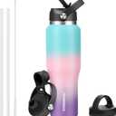 40 oz Insulated Water Bottle with Straw fit in Car Cup Holder(Cold 48 hrs, Hot 24 hrs) Drinking Bottle with Straw Lid, Spout Lid and Flex Cap Leakproof Travel Thermo MugMint - Pink - Purple (40 Ounces, Mint - Pink - Purple)