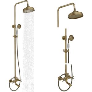 BWE Exposed Bathroom Shower Faucet Set Antique Brass Bathroom Shower Faucet Triple Functions 8 Inch Rainfall Shower Head Handheld Spray with Tub Spout Exposed Shower System Double Handle