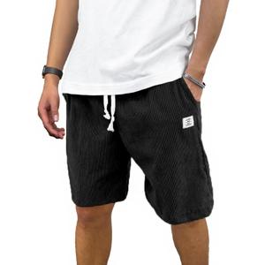 PLEPAN Mens Corduroy Shorts Casual Elastic Waist Drawstring Summer Beach Short (Medium, Black)