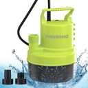 1/2 HP Submersible Water Pump 2900 GPH Portable Small Sump Pump For Pool Cover, Basements, Puddles, Gardens Ponds With 16.4 Ft Power Cord and Hose Adapters, Yellow