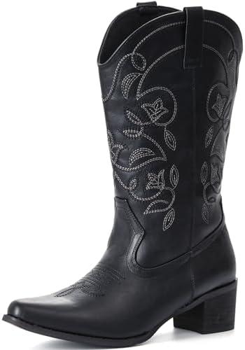 IXU Cowboy Boots For Women Wide Calf Pointy Toe Cowgirl Boots Mid Calf Western Boots, Size 10