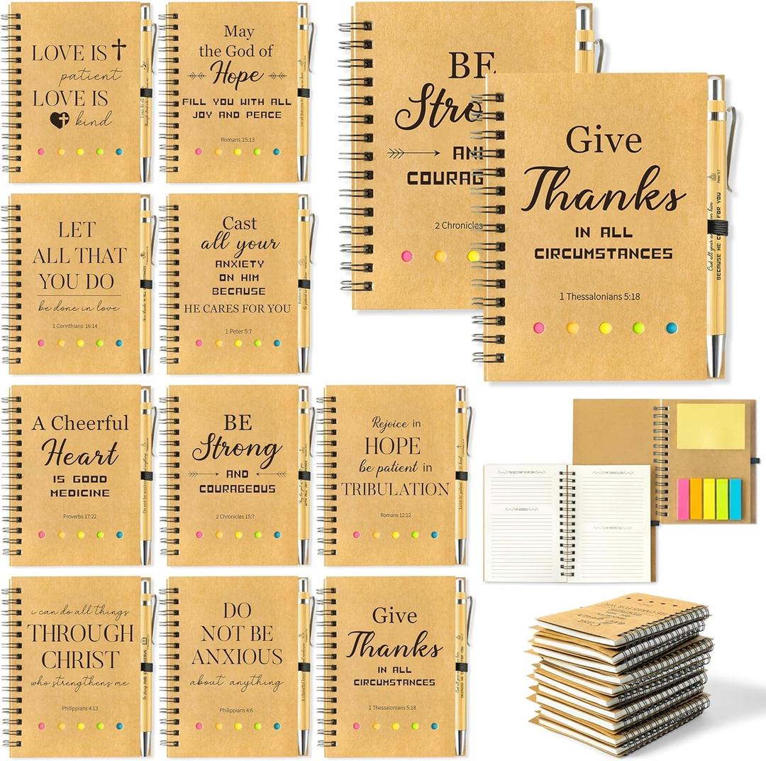 ANGOLIO Christian Gift Set 60Pcs Easter Spring Bulk Sunday School Bible Ballpoint Pens Spiral Religious Notebooks with Sticky Notepads Easter Birthday Gifts for Kid Boy Girl Pastor Teachers Students