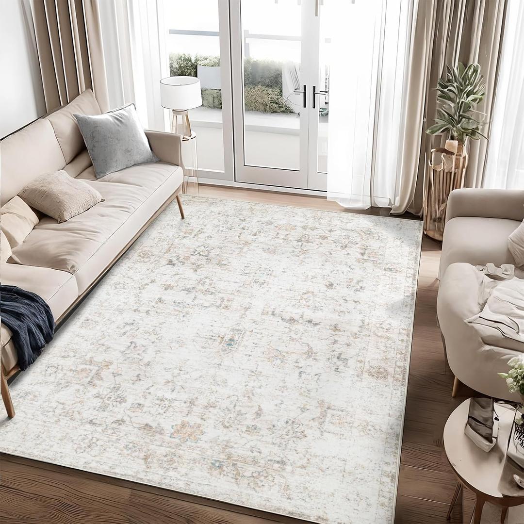 7 x Washable 810 Area Rug for Living Room, Vintage Floral Rug Soft Non Slip Stain Resistant Boho Carpet for Bedroom Dinning Room Home Office Beige